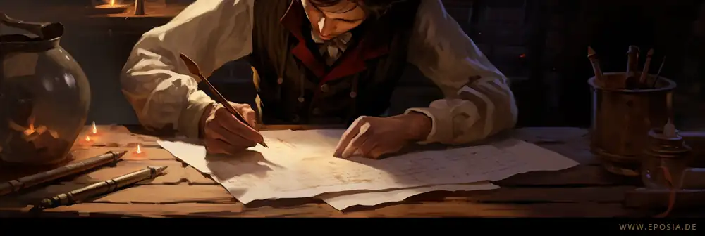 A close up view of a role player who filled out his character sheet on a wooden table, spartial concept art
