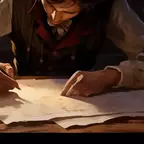A close up view of a role player who filled out his character sheet on a wooden table, spartial concept art