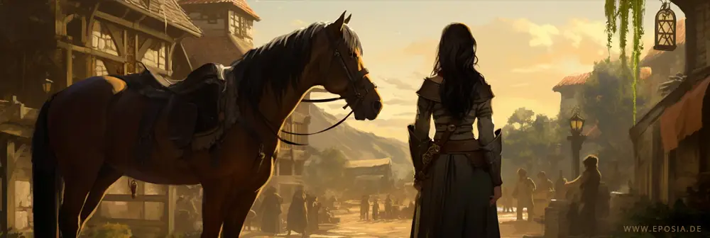 A szene of a woman who enters a tavern in a medival kingdom region, a horse stands in front of the tavern, spartial concept art